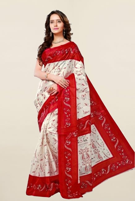 Triveni White Printed Silk Saree Triveni White Printed Silk Saree