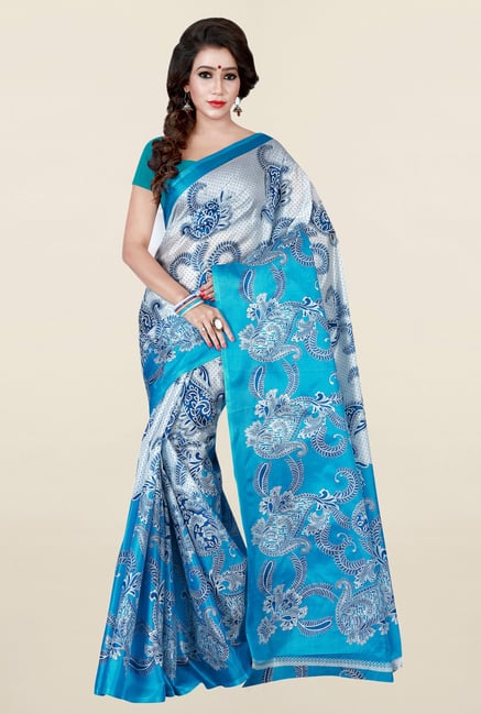 Triveni Blue & Off White Printed Silk Saree Triveni Blue & Off White Printed Silk Saree