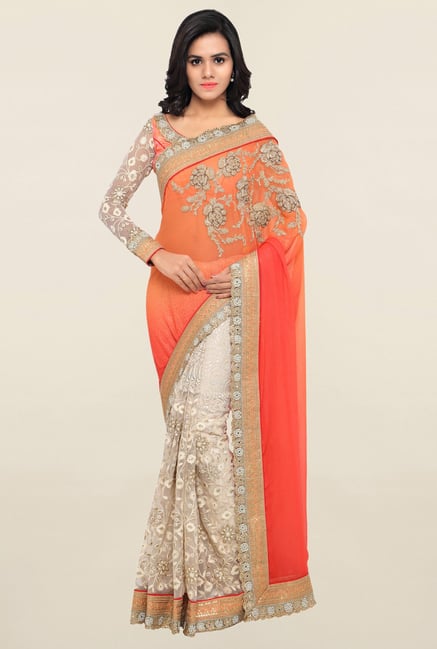 Triveni Cream & Orange Embroidered Crepe Saree Triveni Cream & Orange Embroidered Crepe Saree