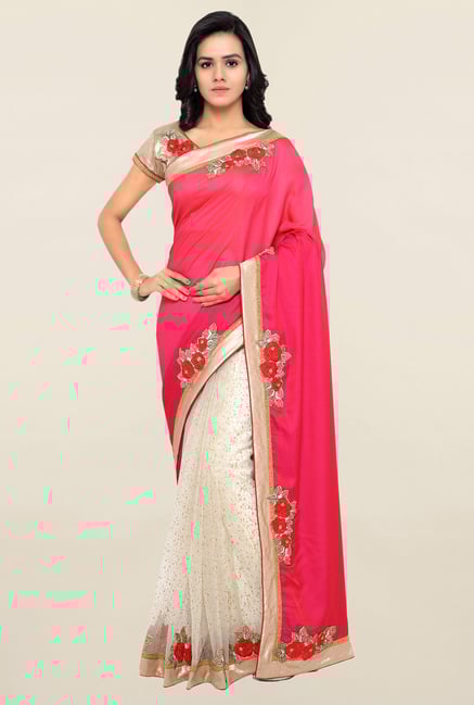 Triveni Cream & Pink Embellished Art Silk Saree Triveni Cream & Pink Embellished Art Silk Saree
