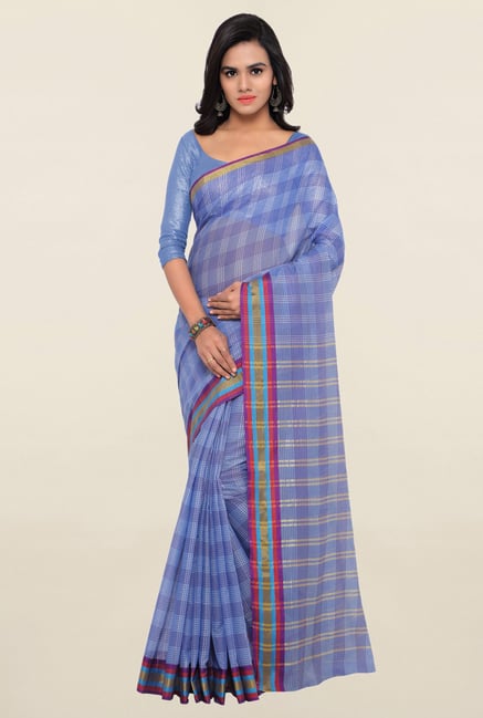 Triveni Violet Checks Blended Cotton Saree Triveni Violet Checks Blended Cotton Saree