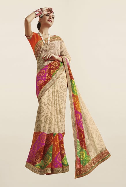 Triveni Beige Bandhani Chiffon Saree Triveni Beige Bandhani Chiffon Saree