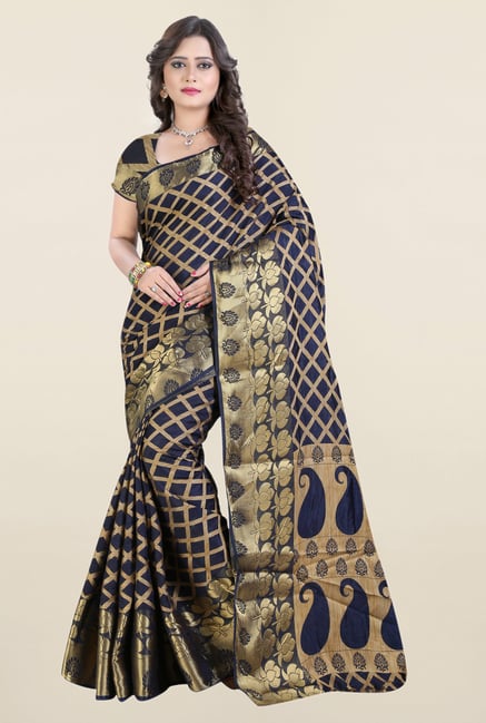 Triveni Navy Checks Jacquard Saree Triveni Navy Checks Jacquard Saree