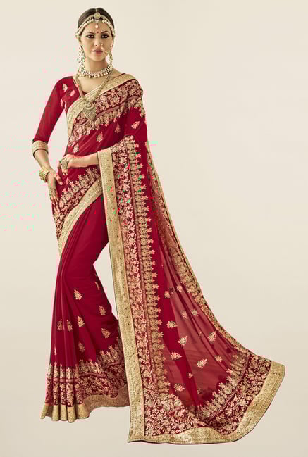 Triveni Maroon Embroidered Faux Georgette Saree Triveni Maroon Embroidered Faux Georgette Saree