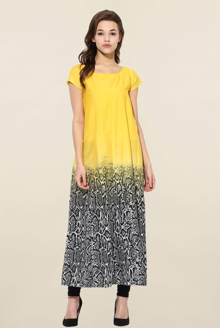 Ahalyaa Yellow & Black Printed Anarkali Kurta Ahalyaa Yellow & Black Printed Anarkali Kurta
