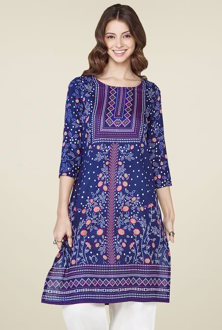 Global Desi Indigo Printed Round Neck Kurta Global Desi Indigo Printed Round Neck Kurta