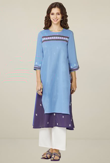 Global Desi Light Blue Round Neck Kurta Global Desi Light Blue Round Neck Kurta