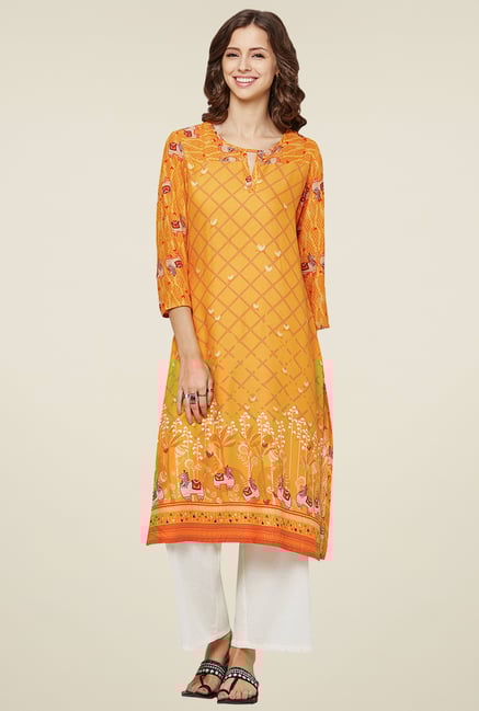 Global Desi Mustard Round Neck Kurta Global Desi Mustard Round Neck Kurta