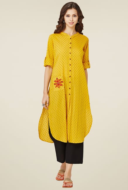 Global Desi Mustard Mandarin Collar Kurta Global Desi Mustard Mandarin Collar Kurta