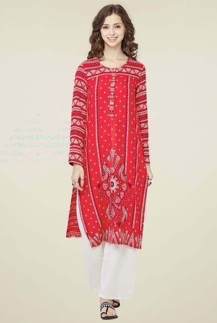 Global Desi Red Round Neck Kurta Global Desi Red Round Neck Kurta