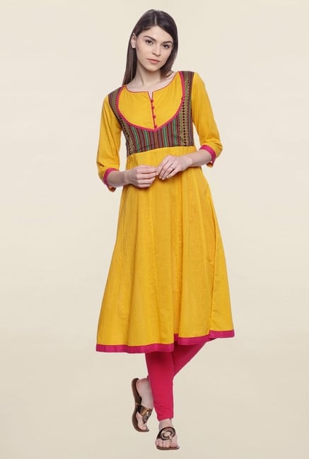 Mytri Yellow Embroidered Cotton Anarkali Kurta Mytri Yellow Embroidered Cotton Anarkali Kurta