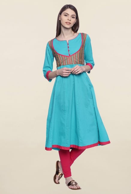 Mytri Turquoise Embroidered Cotton Anarkali Kurta Mytri Turquoise Embroidered Cotton Anarkali Kurta