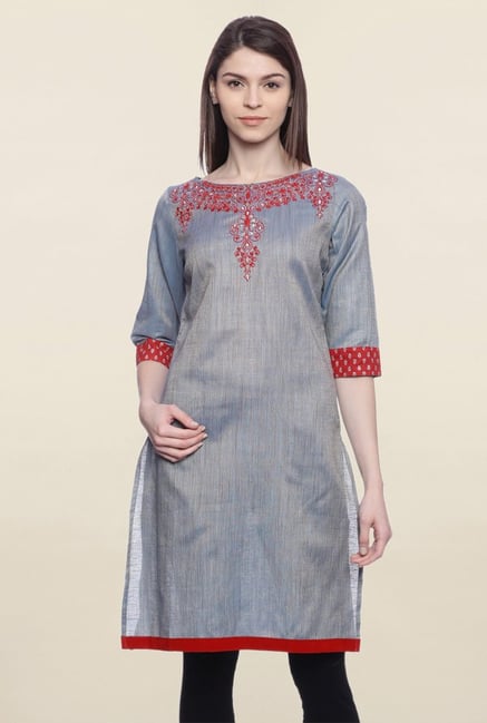 Mytri Grey Embroidered Cotton Kurti Mytri Grey Embroidered Cotton Kurti