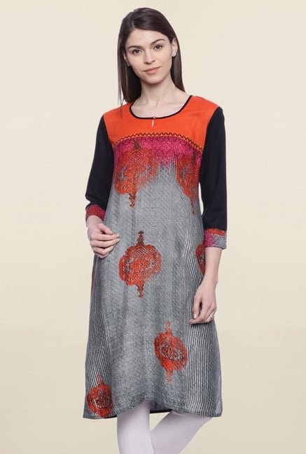Mytri Grey & Orange Printed Cotton Kurti Mytri Grey & Orange Printed Cotton Kurti