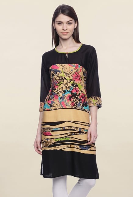 Mytri Beige & Black Printed Rayon Kurti Mytri Beige & Black Printed Rayon Kurti
