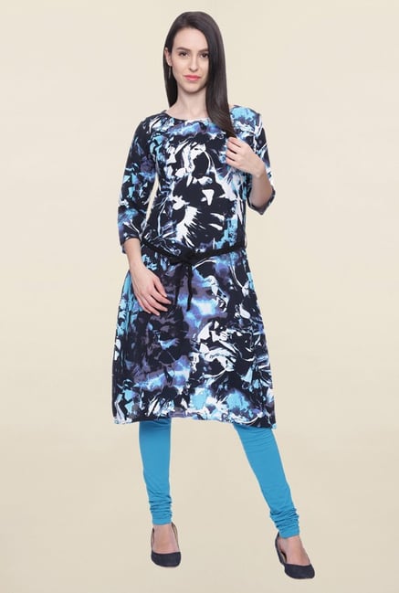 Mytri Black & Blue Printed Rayon A Line Kurta Mytri Black & Blue Printed Rayon A Line Kurta