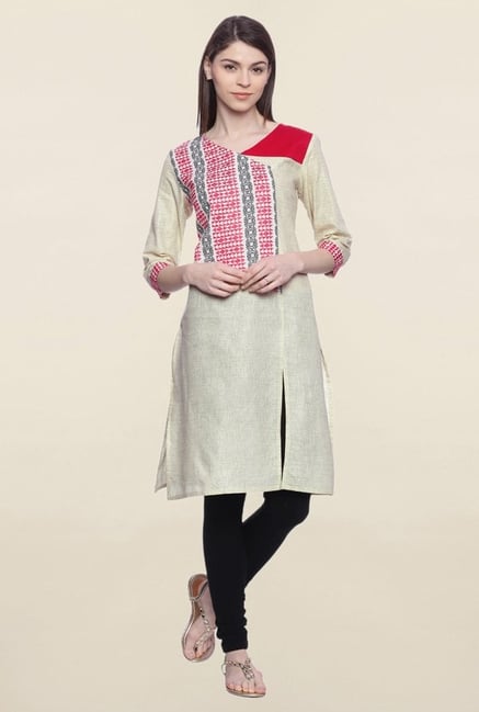 Mytri Beige Embroidered Cotton Kurti Mytri Beige Embroidered Cotton Kurti