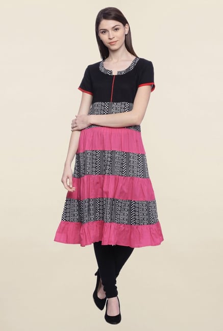 Mytri Black & Pink Printed Rayon Anarkali Kurta Mytri Black & Pink Printed Rayon Anarkali Kurta