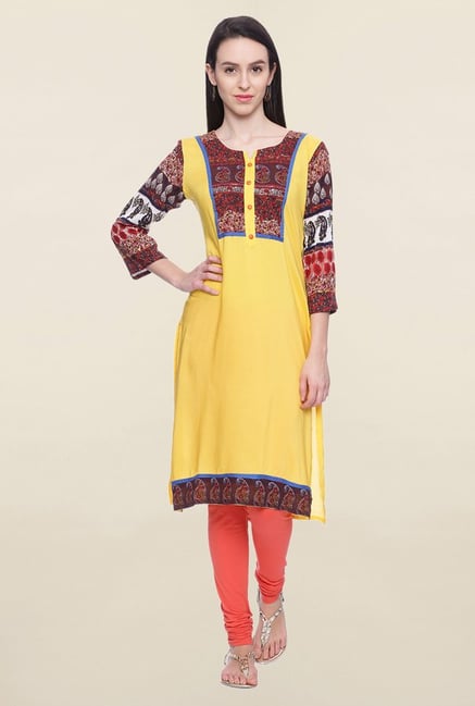 Mytri Yellow Printed Rayon Kurti Mytri Yellow Printed Rayon Kurti