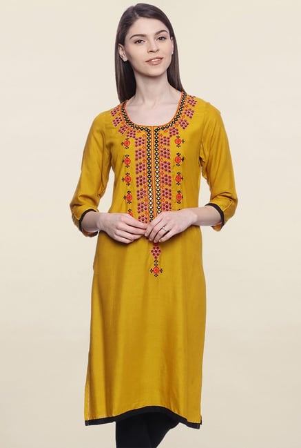 Mytri Mustard Embroidered Rayon Kurti Mytri Mustard Embroidered Rayon Kurti