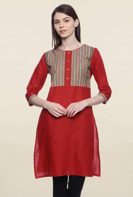 Mytri Red Embroidered Cotton Kurti Mytri Red Embroidered Cotton Kurti