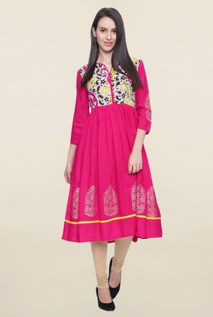 Mytri Pink Paisley Print Rayon Anarkali Kurta Mytri Pink Paisley Print Rayon Anarkali Kurta