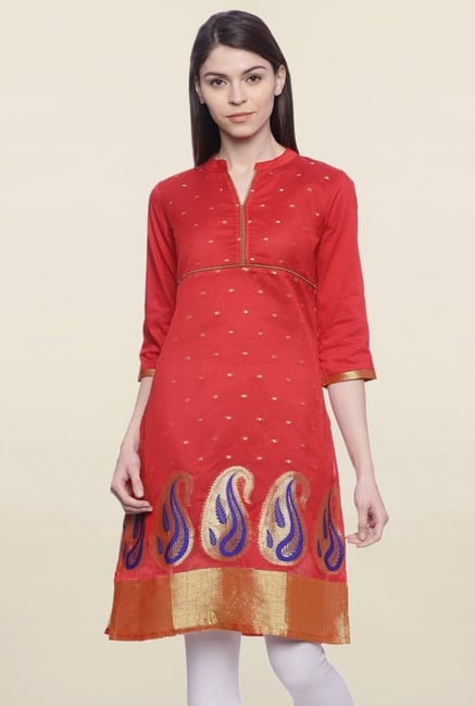 Mytri Red Embroidered Chanderi Kurti Mytri Red Embroidered Chanderi Kurti