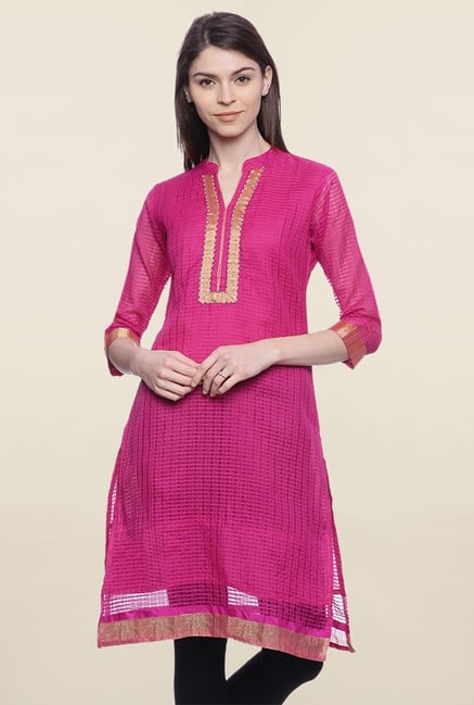 Mytri Pink Checks Chanderi Kurti Mytri Pink Checks Chanderi Kurti