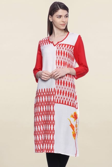 Mytri White & Red Printed Rayon Kurta Mytri White & Red Printed Rayon Kurta