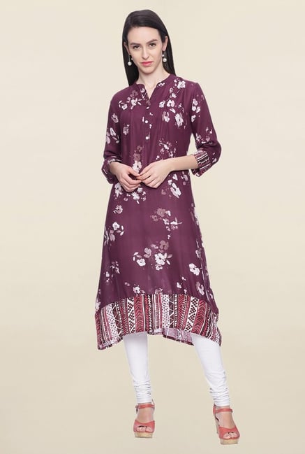 Mytri Maroon Floral Print Rayon A Line Kurta Mytri Maroon Floral Print Rayon A Line Kurta