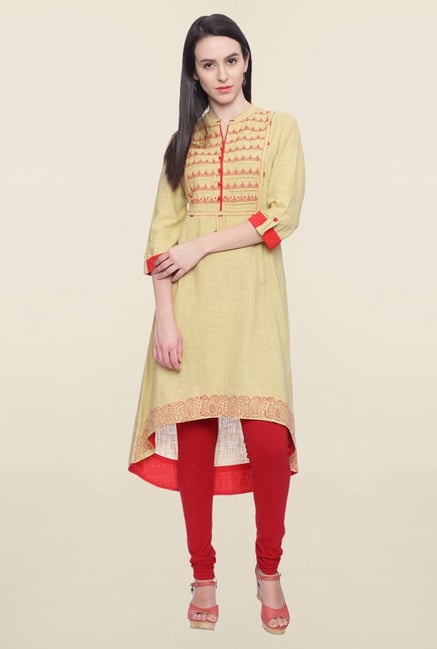Mytri Beige Embroidered Cotton A Line Kurti Mytri Beige Embroidered Cotton A Line Kurti