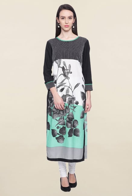 Mytri Black & Mint Printed Rayon Kurta Mytri Black & Mint Printed Rayon Kurta
