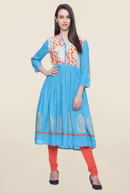Mytri Turquoise Paisley Print Rayon Anarkali Kurta Mytri Turquoise Paisley Print Rayon Anarkali Kurta