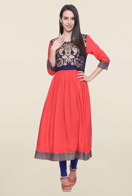 Mytri Coral Printed Rayon Anarkali Kurta Mytri Coral Printed Rayon Anarkali Kurta