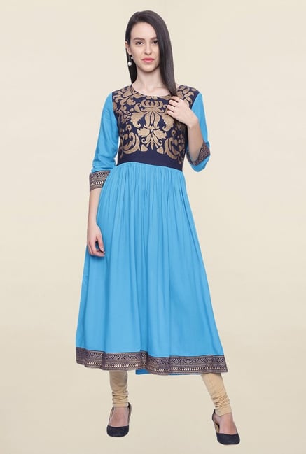 Mytri Turquoise Printed Rayon Anarkali Kurta Mytri Turquoise Printed Rayon Anarkali Kurta