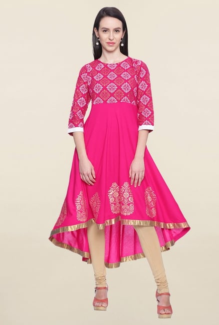 Mytri Pink Printed Rayon Anarkali Kurti Mytri Pink Printed Rayon Anarkali Kurti