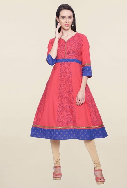 Mytri Coral Printed Cotton Anarkali Kurta Mytri Coral Printed Cotton Anarkali Kurta