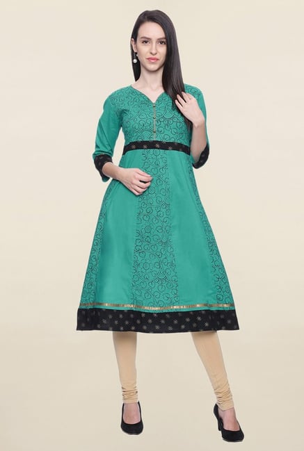 Mytri Teal Printed Cotton Anarkali Kurta Mytri Teal Printed Cotton Anarkali Kurta
