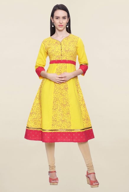 Mytri Yellow Printed Cotton Anarkali Kurta Mytri Yellow Printed Cotton Anarkali Kurta