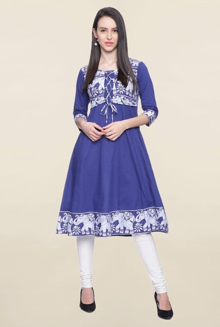 Mytri Blue Printed Cotton Anarkali Kurta Mytri Blue Printed Cotton Anarkali Kurta