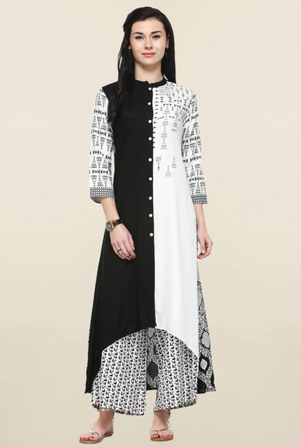 Varanga Black & White Printed Kurta With Palazzo Varanga Black & White Printed Kurta With Palazzo