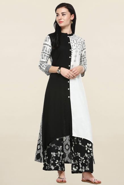 Varanga Black & White Printed Kurta With Palazzo Varanga Black & White Printed Kurta With Palazzo
