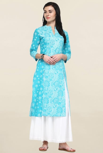 Varanga Turquoise & White Printed Kurta With Palazzo Varanga Turquoise & White Printed Kurta With Palazzo