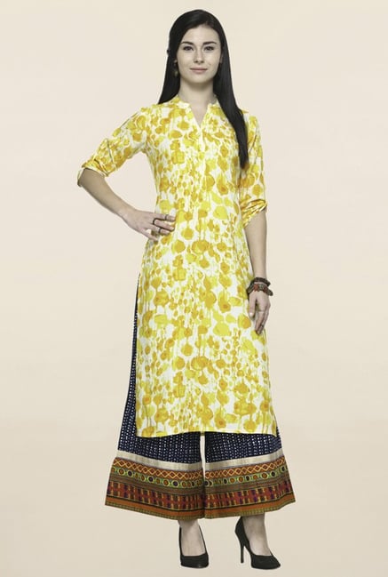 Varanga Yellow & Navy Printed Kurta With Palazzo Varanga Yellow & Navy Printed Kurta With Palazzo