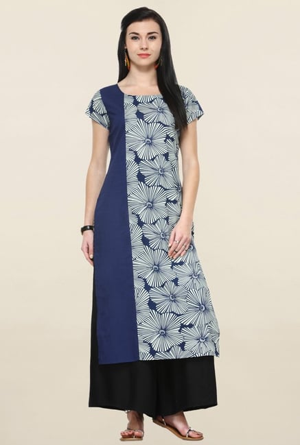 Varanga Navy & Black Floral Print Kurta With Palazzo Varanga Navy & Black Floral Print Kurta With Palazzo