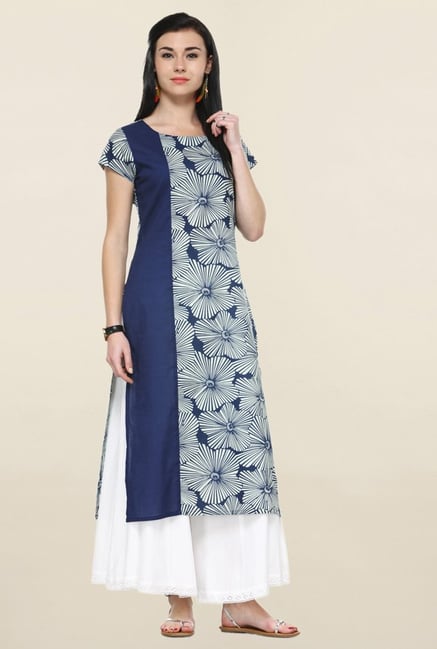 Varanga Navy & White Floral Print Kurta With Palazzo Varanga Navy & White Floral Print Kurta With Palazzo