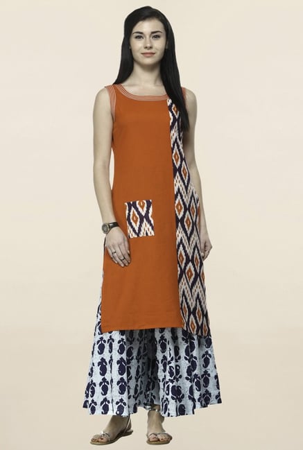 Varanga Orange & Blue Printed Kurta With Palazzo Varanga Orange & Blue Printed Kurta With Palazzo