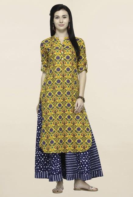 Varanga Yellow & Navy Printed Kurta With Palazzo Varanga Yellow & Navy Printed Kurta With Palazzo