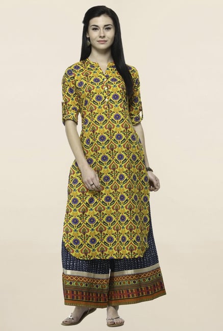 Varanga Yellow & Navy Printed Kurta With Palazzo Varanga Yellow & Navy Printed Kurta With Palazzo