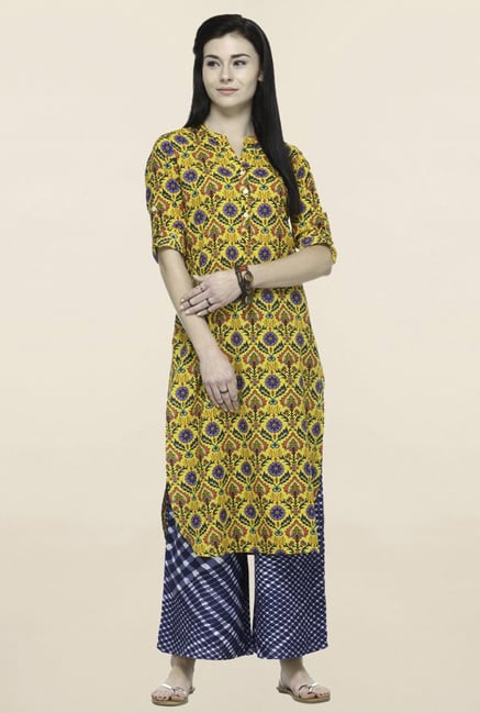 Varanga Yellow & Navy Printed Kurta With Palazzo Varanga Yellow & Navy Printed Kurta With Palazzo